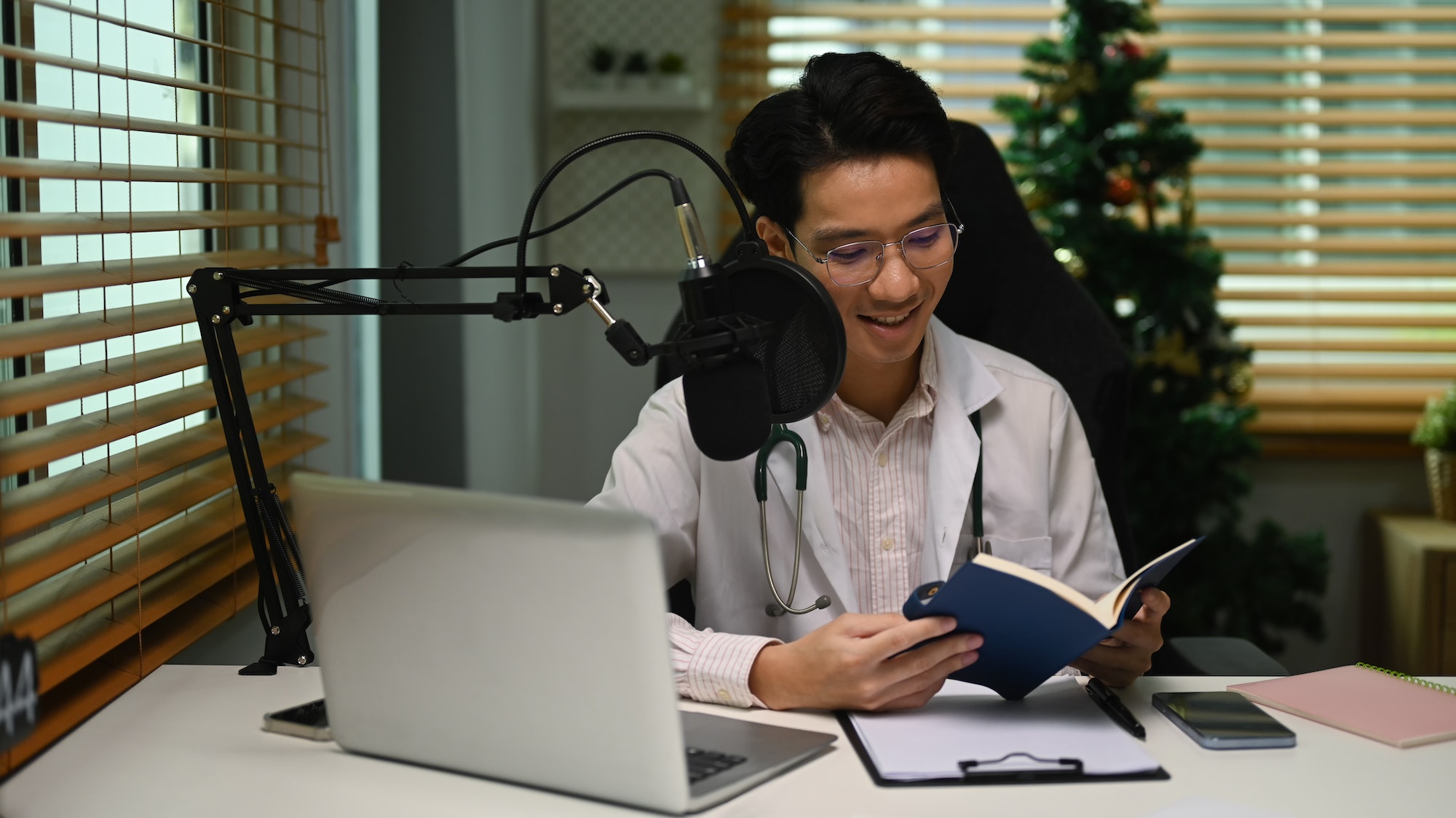 Doctor medical advices or professional healthcare consultation via online podcast from home.